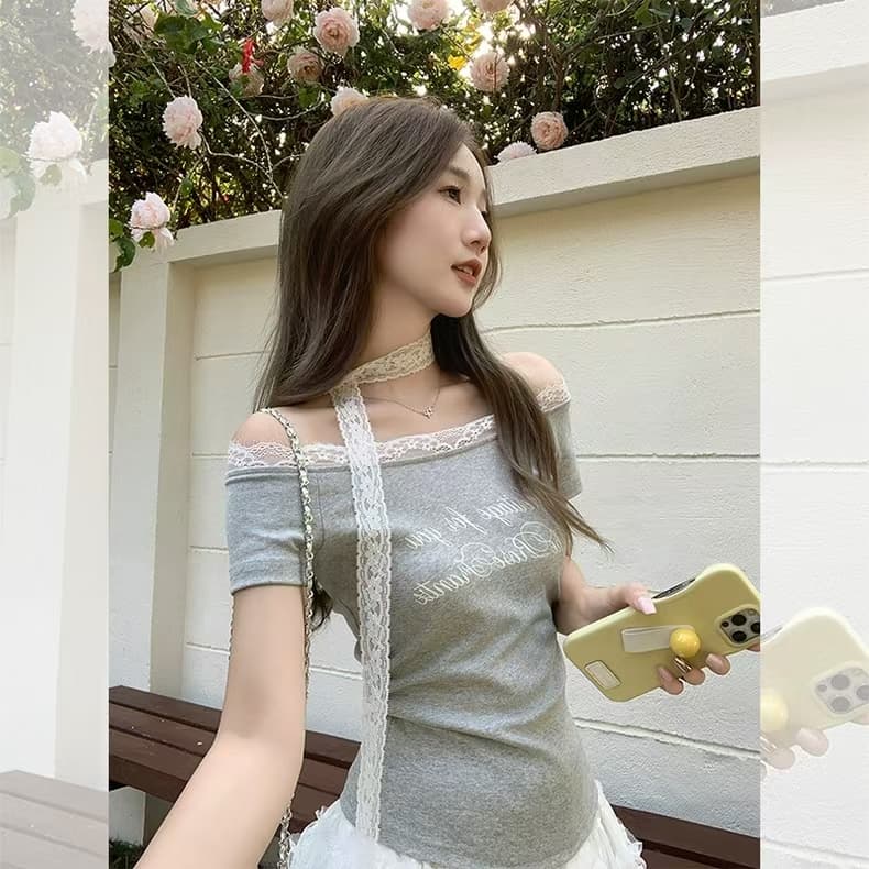 260 그램 사람들 면 달콤한 매운맛 바람 패치워크 레이스 측면 오프숄더 티셔츠 여성 여름 알파벳 프린트 반팔 다용도 맨위 상세 이미지 15