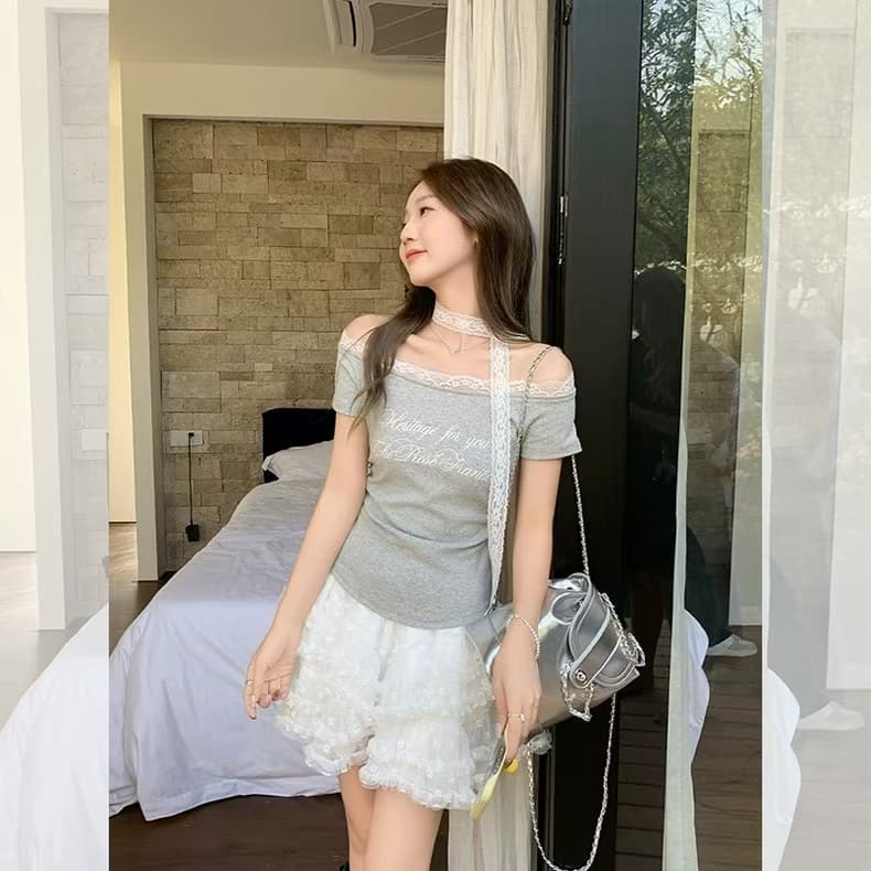 260 그램 사람들 면 달콤한 매운맛 바람 패치워크 레이스 측면 오프숄더 티셔츠 여성 여름 알파벳 프린트 반팔 다용도 맨위 상세 이미지 16