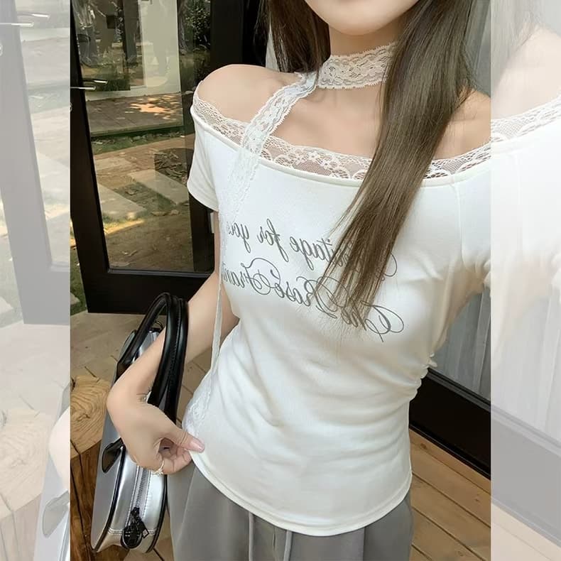 260 그램 사람들 면 달콤한 매운맛 바람 패치워크 레이스 측면 오프숄더 티셔츠 여성 여름 알파벳 프린트 반팔 다용도 맨위 상세 이미지 20