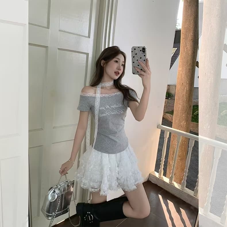 260 그램 사람들 면 달콤한 매운맛 바람 패치워크 레이스 측면 오프숄더 티셔츠 여성 여름 알파벳 프린트 반팔 다용도 맨위 상세 이미지 21