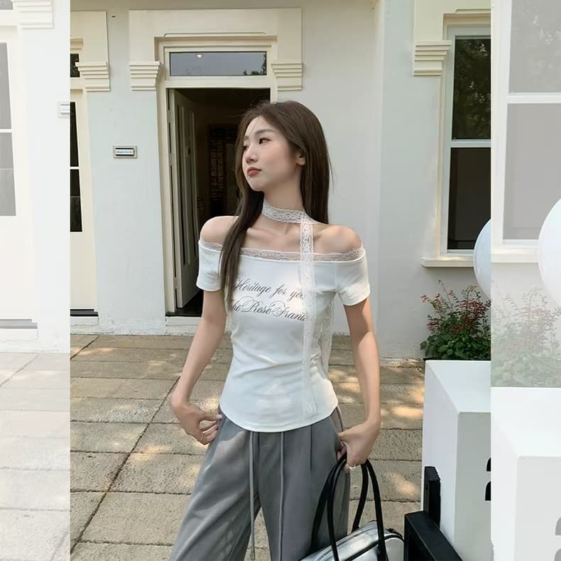 260 그램 사람들 면 달콤한 매운맛 바람 패치워크 레이스 측면 오프숄더 티셔츠 여성 여름 알파벳 프린트 반팔 다용도 맨위 상세 이미지 24