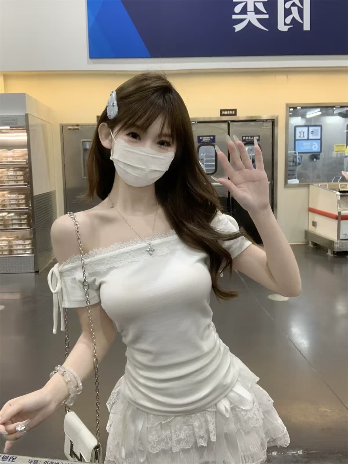 원본 원단 여름 새로운 순수한 욕망 오프숄더 부서 오프숄더 레이스 측면 주름 디자인 센스 반팔 티셔츠 맨위 상세 이미지 14