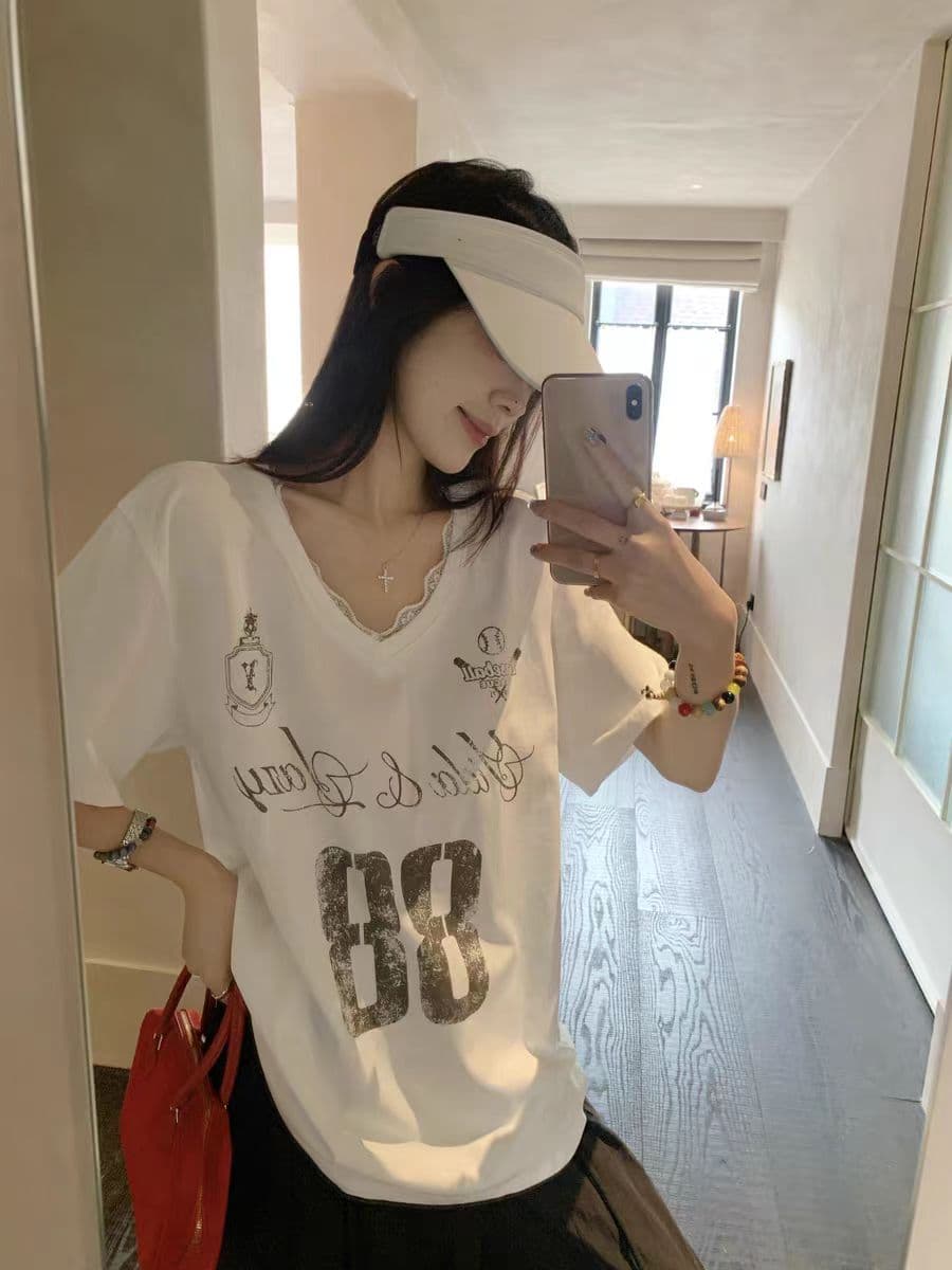 260 그램 사람들 면 아메리칸 느긋한 바람 레이스 조각 V넥 반팔 티셔츠 새로운 루즈핏 알파벳 프린트 맨위 여성 이미지 2