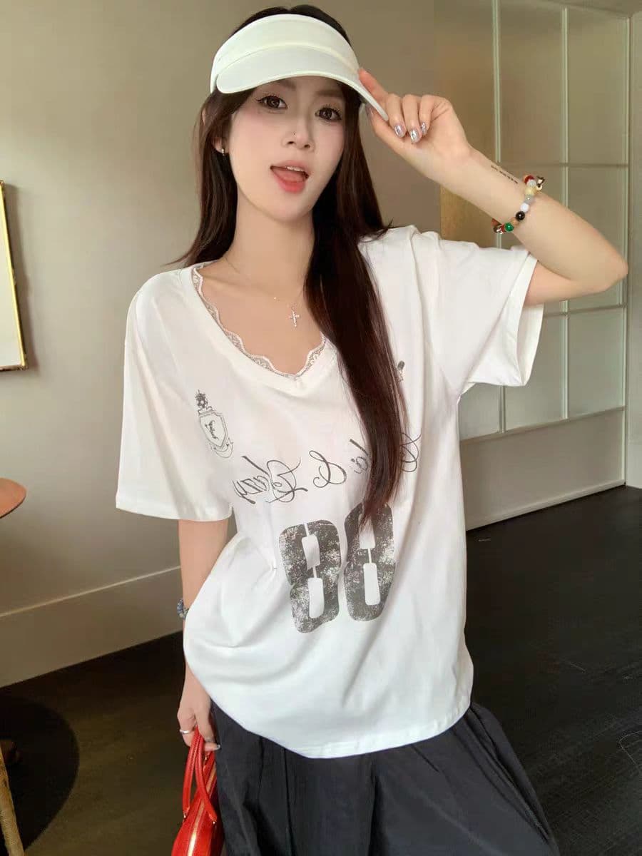 260 그램 사람들 면 아메리칸 느긋한 바람 레이스 조각 V넥 반팔 티셔츠 새로운 루즈핏 알파벳 프린트 맨위 여성