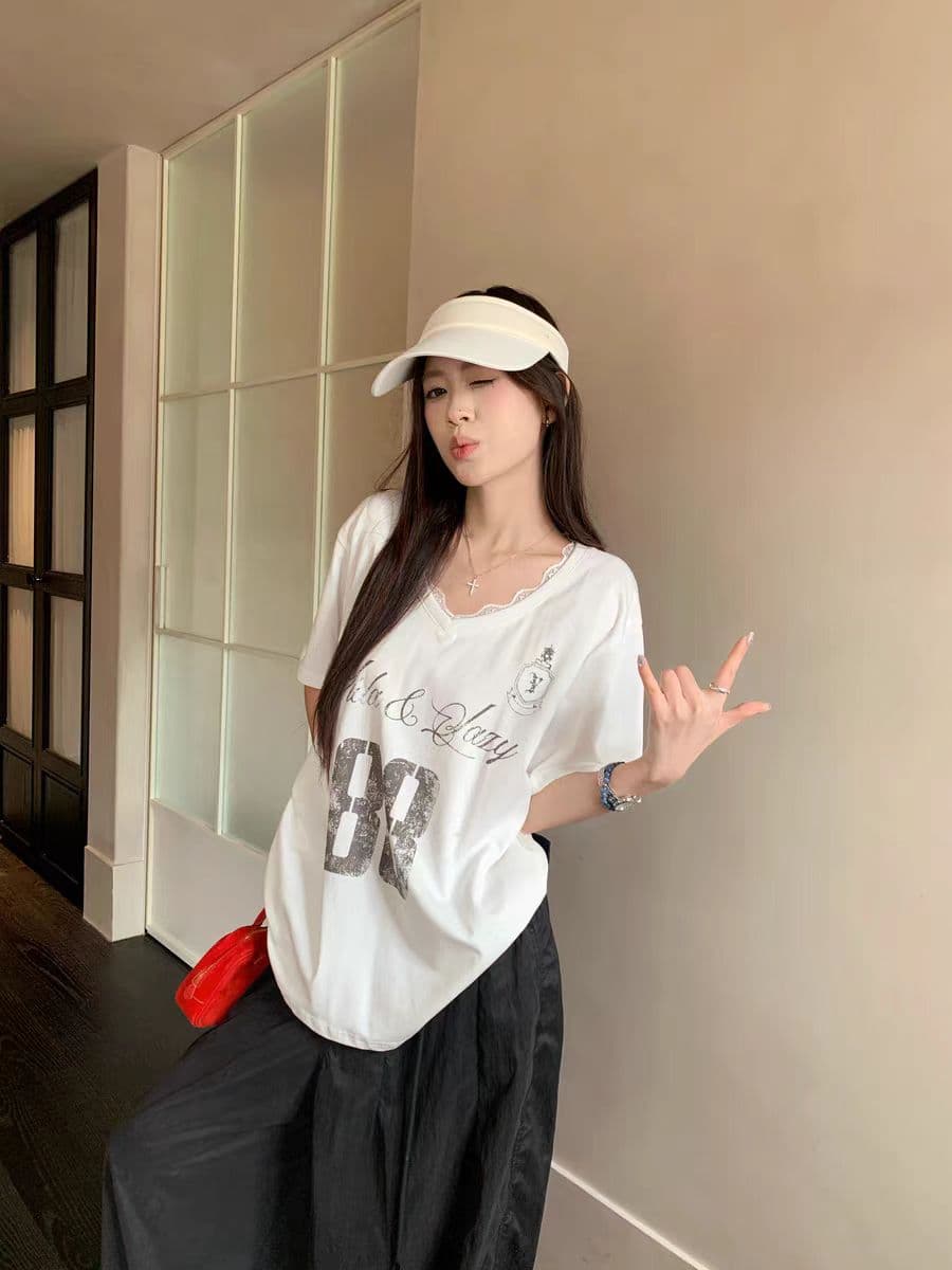 260 그램 사람들 면 아메리칸 느긋한 바람 레이스 조각 V넥 반팔 티셔츠 새로운 루즈핏 알파벳 프린트 맨위 여성 상세 이미지 5