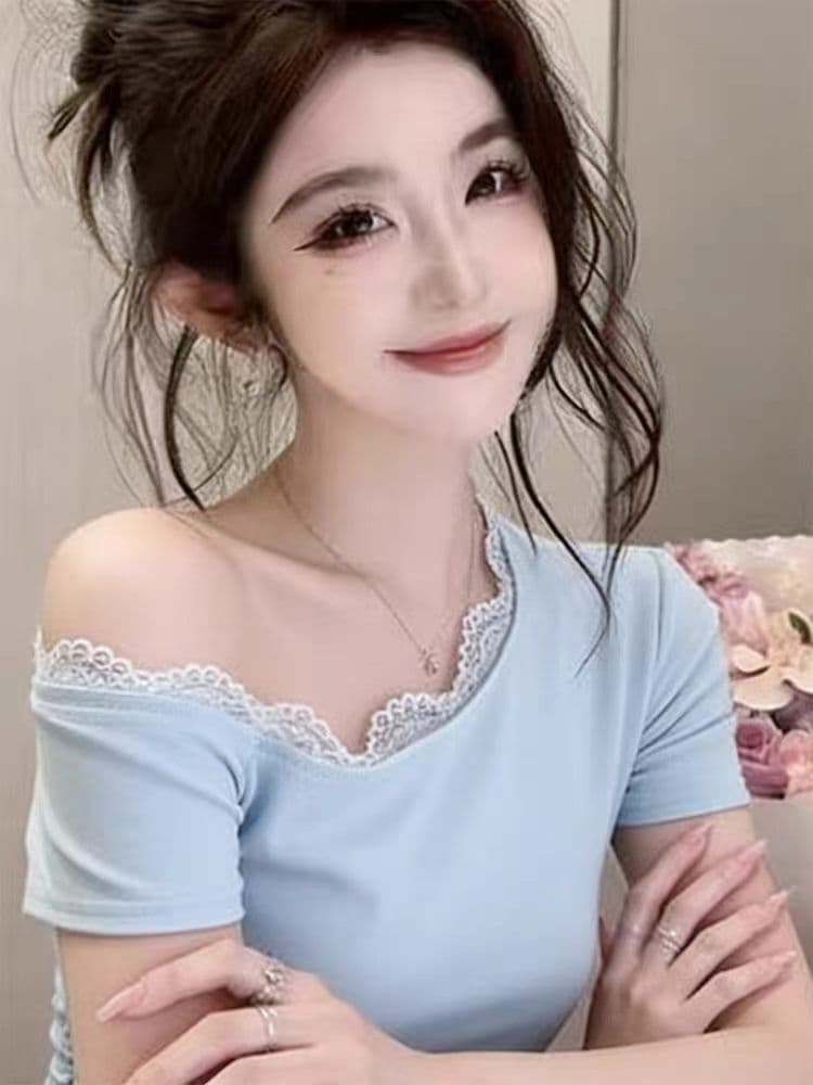 260 그램 사람들 면 비스듬한 어깨 레이스 측면 반팔 티셔츠 2026 여름 새로운 불규칙 주름 몸매 가꾸기 맨위 여성 이미지 4