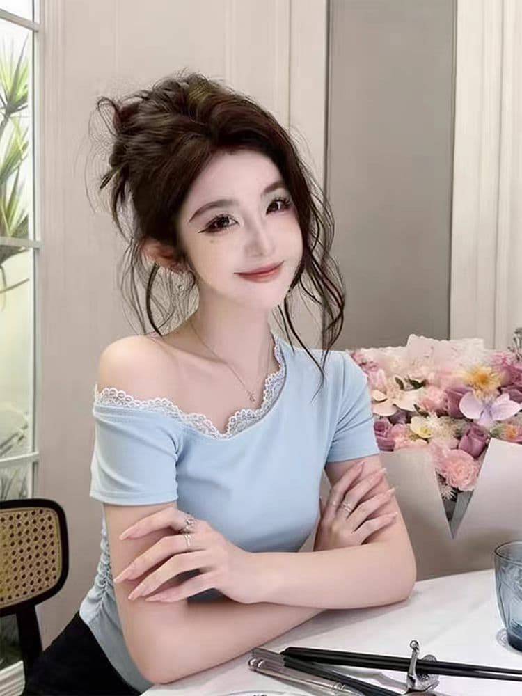 260 그램 사람들 면 비스듬한 어깨 레이스 측면 반팔 티셔츠 2026 여름 새로운 불규칙 주름 몸매 가꾸기 맨위 여성 상세 이미지 3
