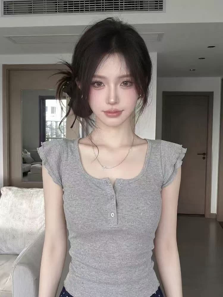 한 부서 u 칼라 작은 날다 소매 반팔 티셔츠 여성 여름 새로운 Chic 디자인 센스 허리 수축 몸매 가꾸기 쇼트 스타일 그레이트 봐. 의류 이미지 4