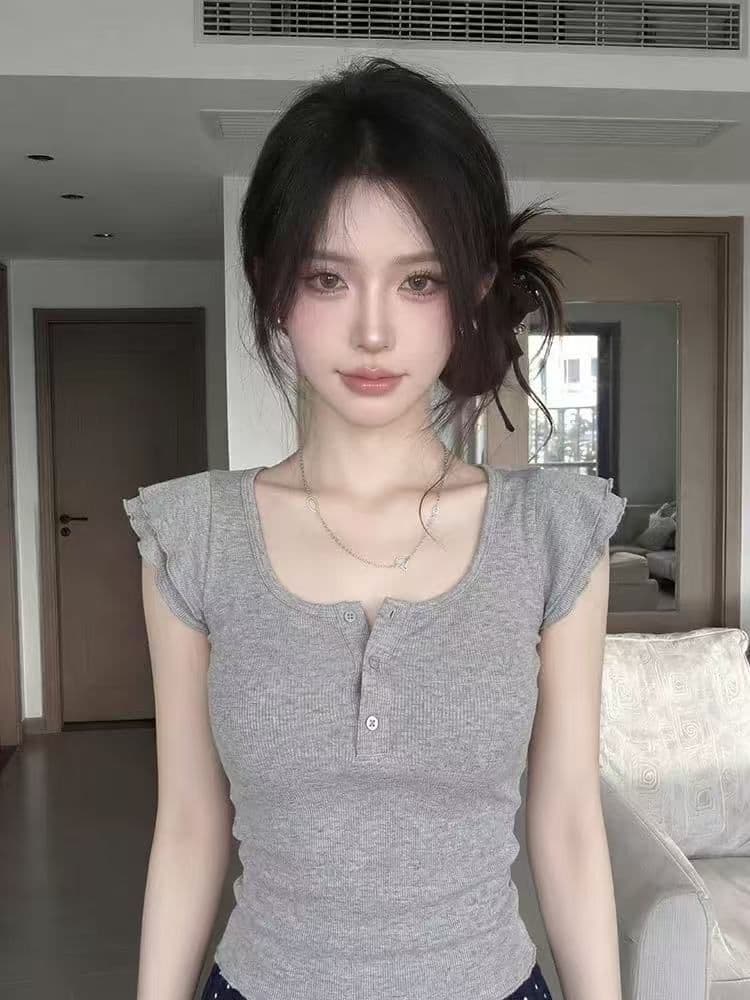 한 부서 u 칼라 작은 날다 소매 반팔 티셔츠 여성 여름 새로운 Chic 디자인 센스 허리 수축 몸매 가꾸기 쇼트 스타일 그레이트 봐. 의류 상세 이미지 6