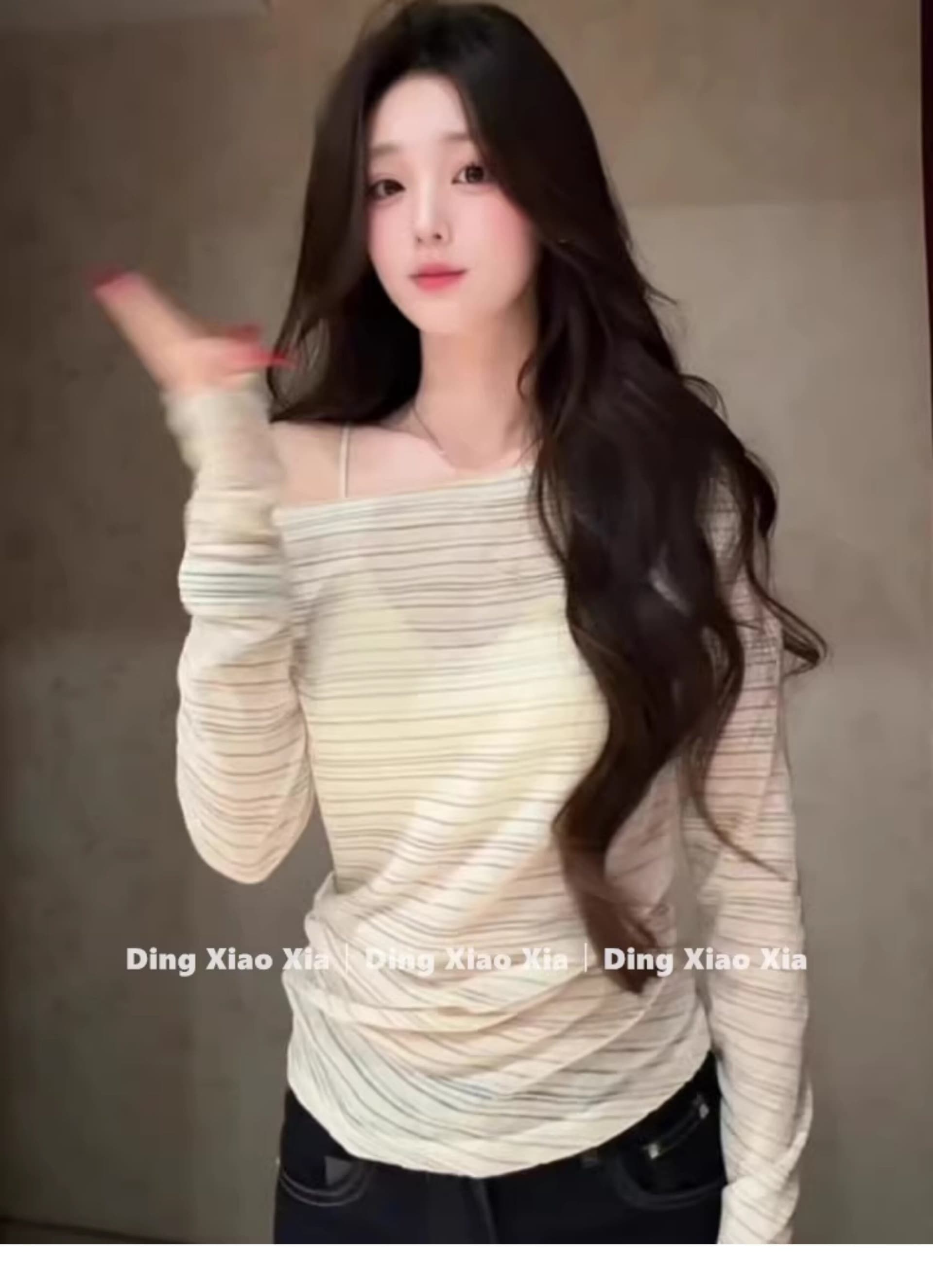 원본 원단 여름 새로운 한 부서 비스듬한 어깨 스트라이프 긴팔 티셔츠 여성 느긋한 바람 루즈핏 다용도 맨위 상세 이미지 5