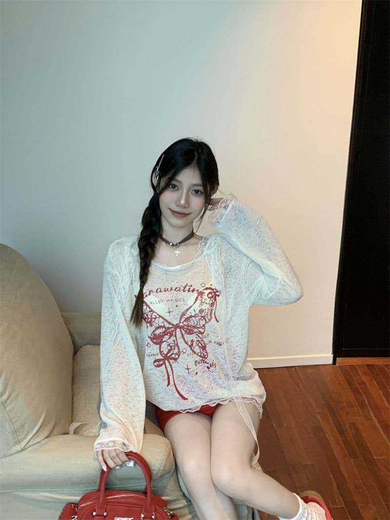 원본 원단 나비 프린트 반팔 t 소매 여성 여름 핫걸 캐주얼 후드 루즈핏 긴팔 자외선 차단 블라우스 맨위 상세 이미지 4