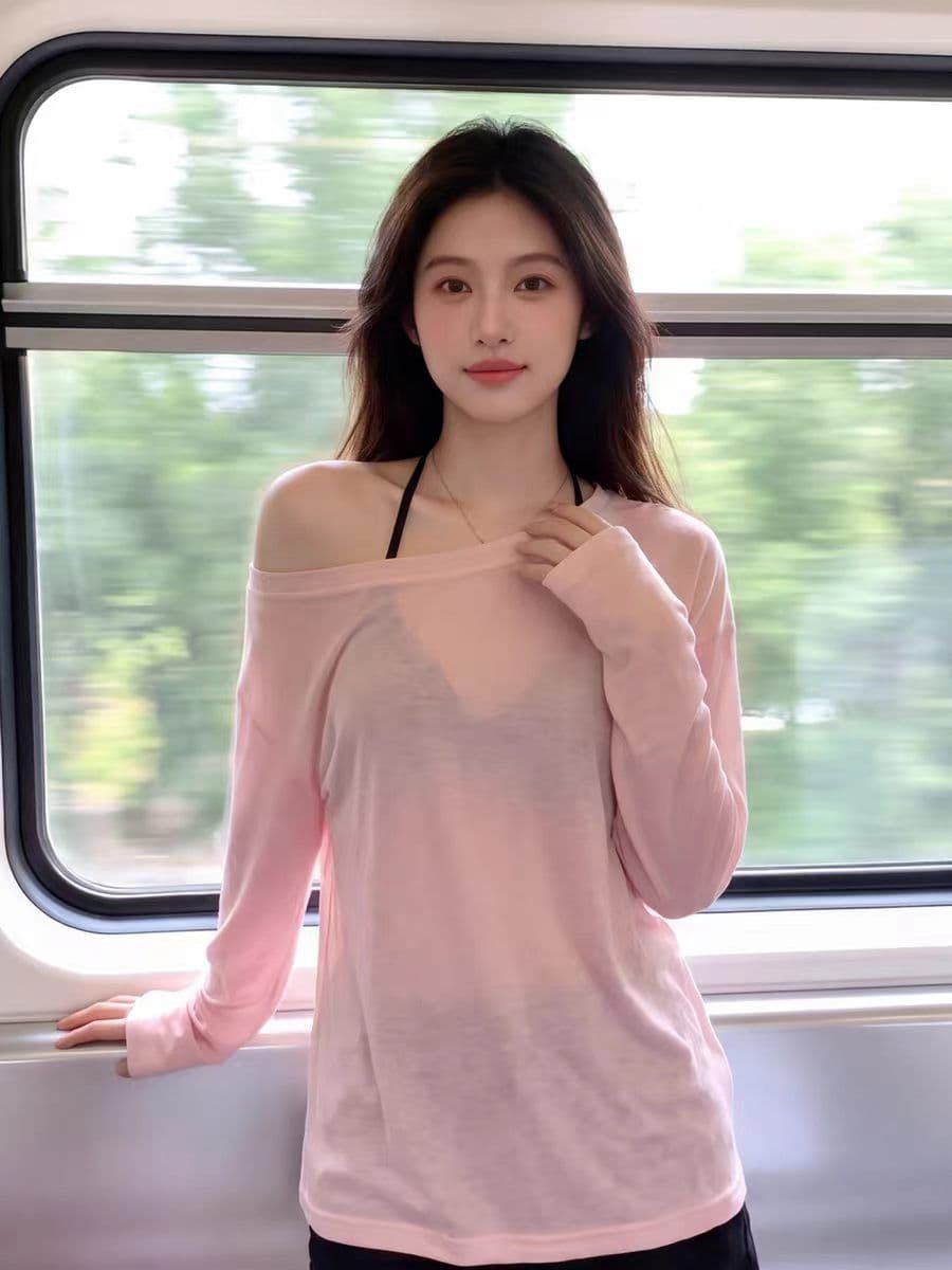 주간 실크 리브 비스듬한 어깨 블라우스 여성 여름 얇은 스타일 태양 보호 셔츠 맨위 루즈핏 오프숄더 작은 키 긴팔 티셔츠