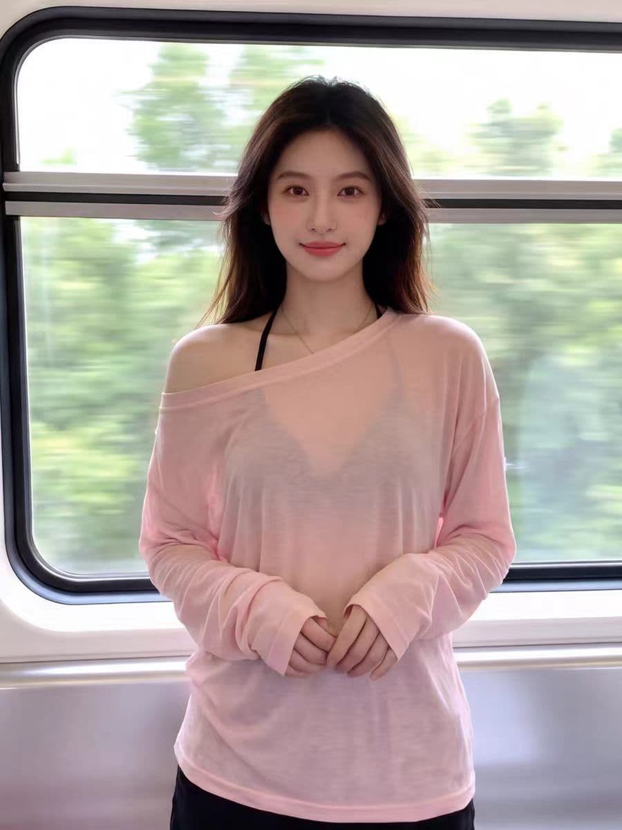 주간 실크 리브 비스듬한 어깨 블라우스 여성 여름 얇은 스타일 태양 보호 셔츠 맨위 루즈핏 오프숄더 작은 키 긴팔 티셔츠 이미지 3