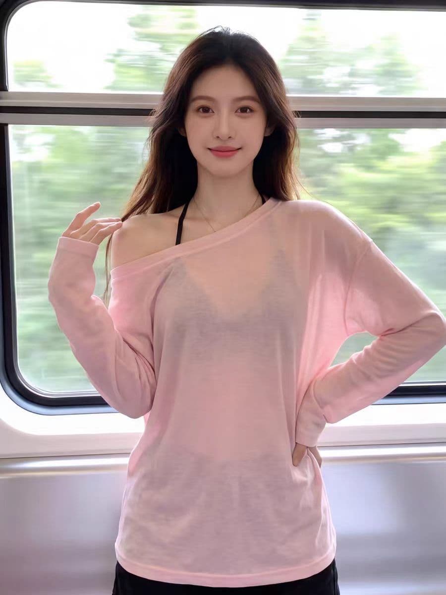 주간 실크 리브 비스듬한 어깨 블라우스 여성 여름 얇은 스타일 태양 보호 셔츠 맨위 루즈핏 오프숄더 작은 키 긴팔 티셔츠 이미지 4