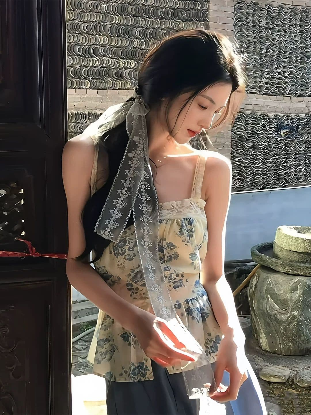 한 부서 꽃무늬 레이스 조각 캐미솔 여름 해변가 휴가 바람 허리 수축 슬림해 보이는 고유 한 아름다운 맨위 상세 이미지 2