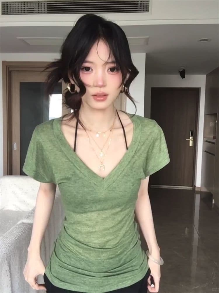 주간 실크 리브 한 부서 레트로 이끼색 배트윙 소매 티셔츠 느긋한 느슨함 센스 V넥 허리 수축 반팔 맨위 여성 상세 이미지 2