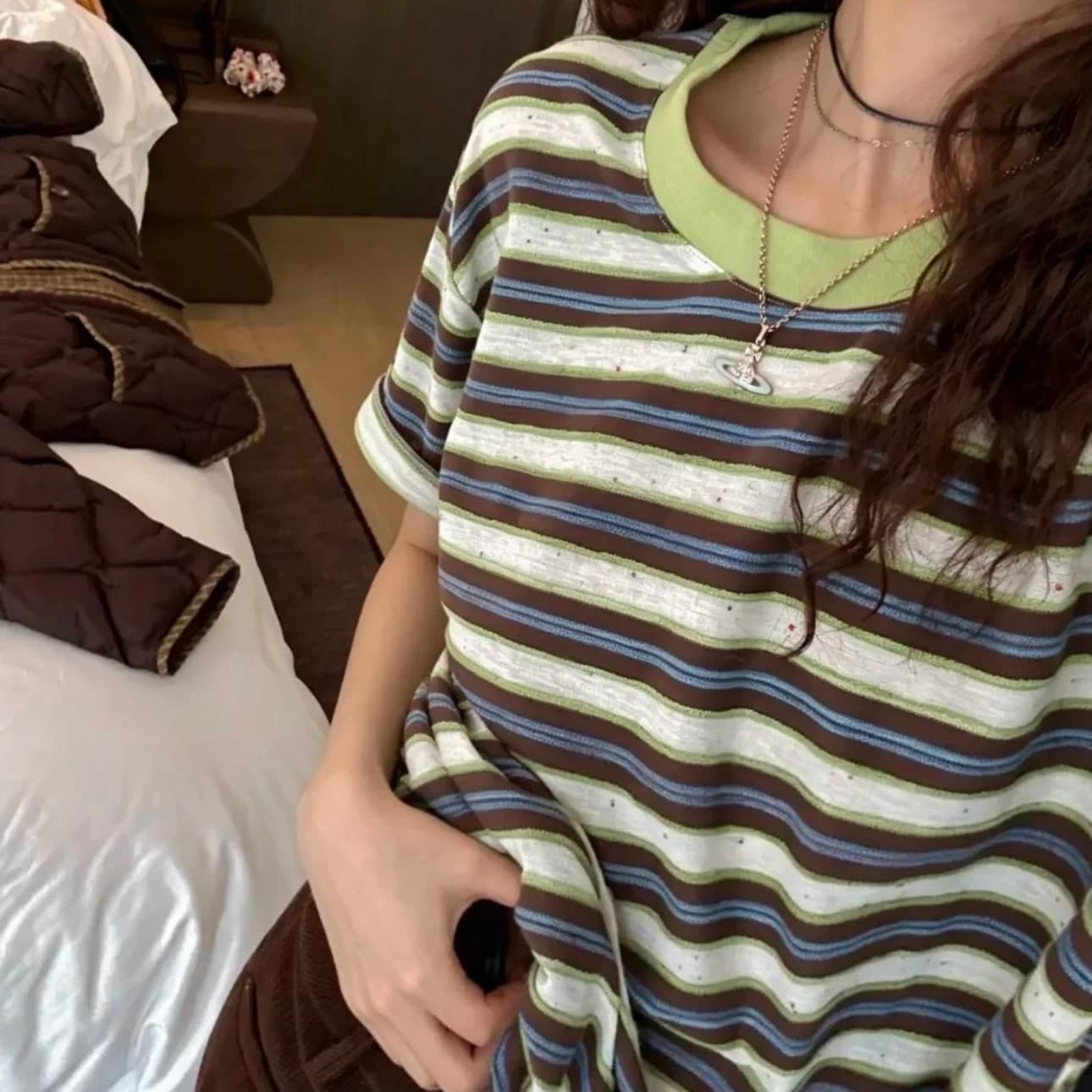 한 부서 느긋한 스트라이프 배색 반팔 티셔츠 여성 여름 새로운 루즈핏 작은 대중 캐주얼 레트로 느슨함 센스 맨위 이미지 2