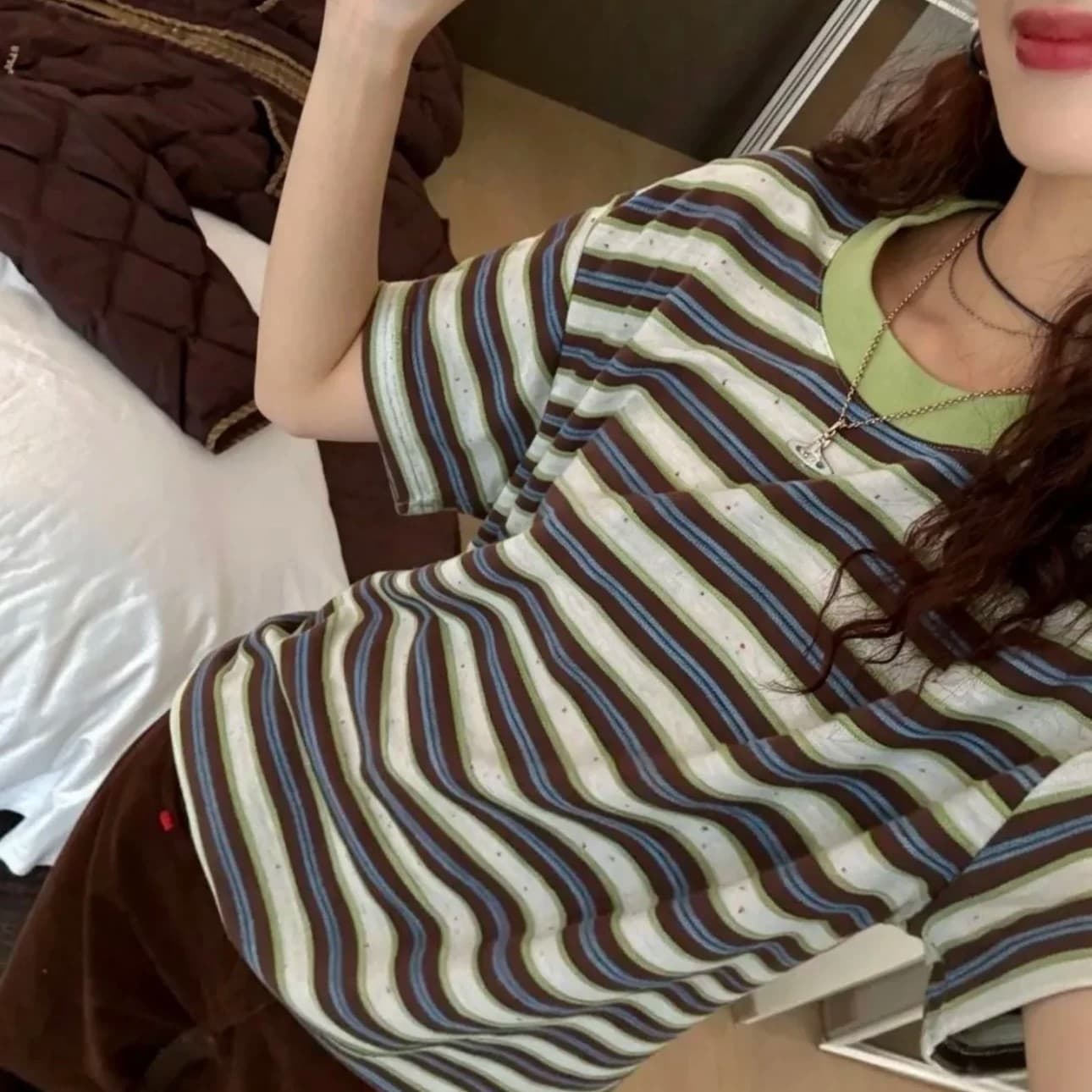 한 부서 느긋한 스트라이프 배색 반팔 티셔츠 여성 여름 새로운 루즈핏 작은 대중 캐주얼 레트로 느슨함 센스 맨위 이미지 3