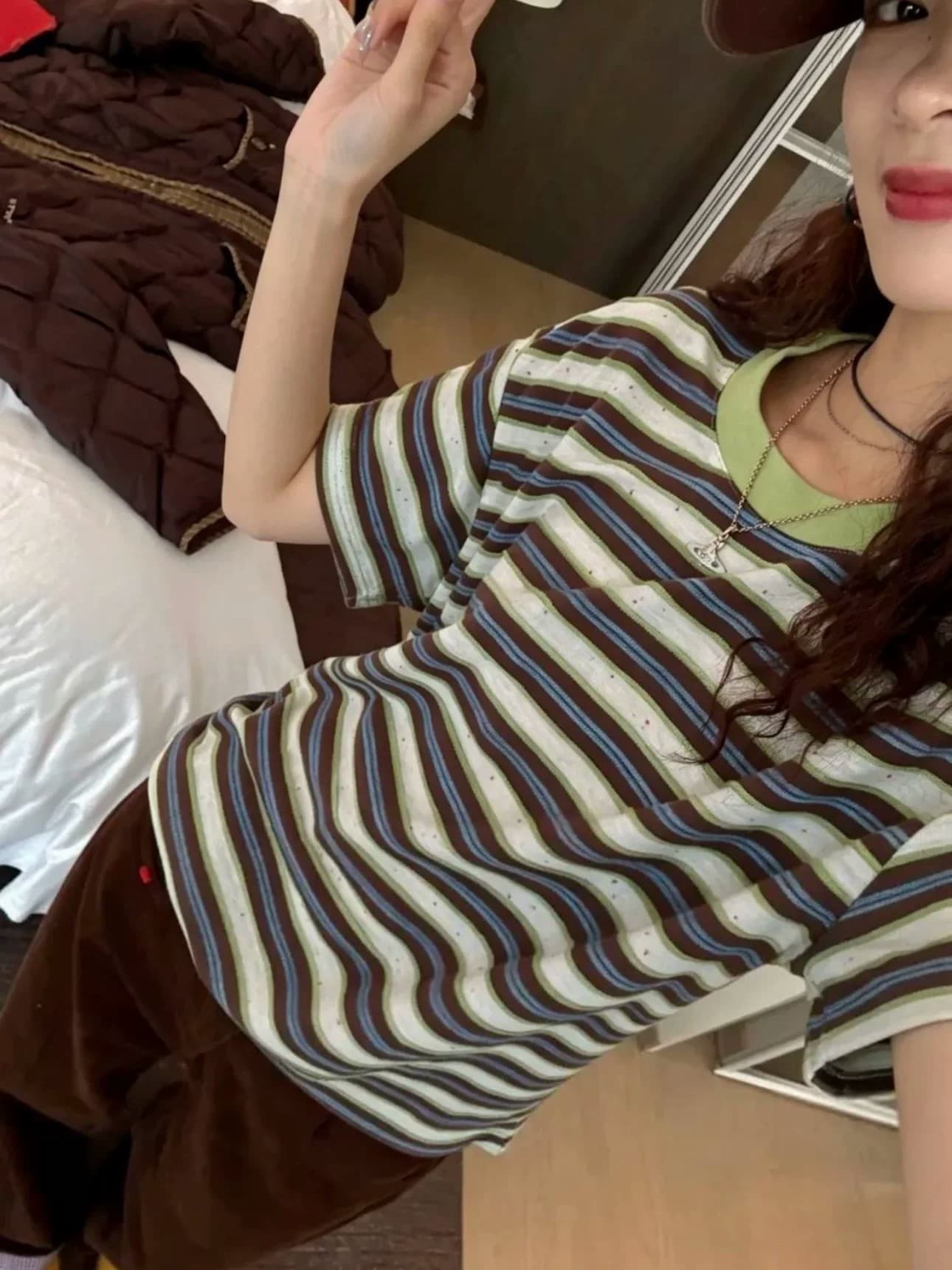 한 부서 느긋한 스트라이프 배색 반팔 티셔츠 여성 여름 새로운 루즈핏 작은 대중 캐주얼 레트로 느슨함 센스 맨위 상세 이미지 4