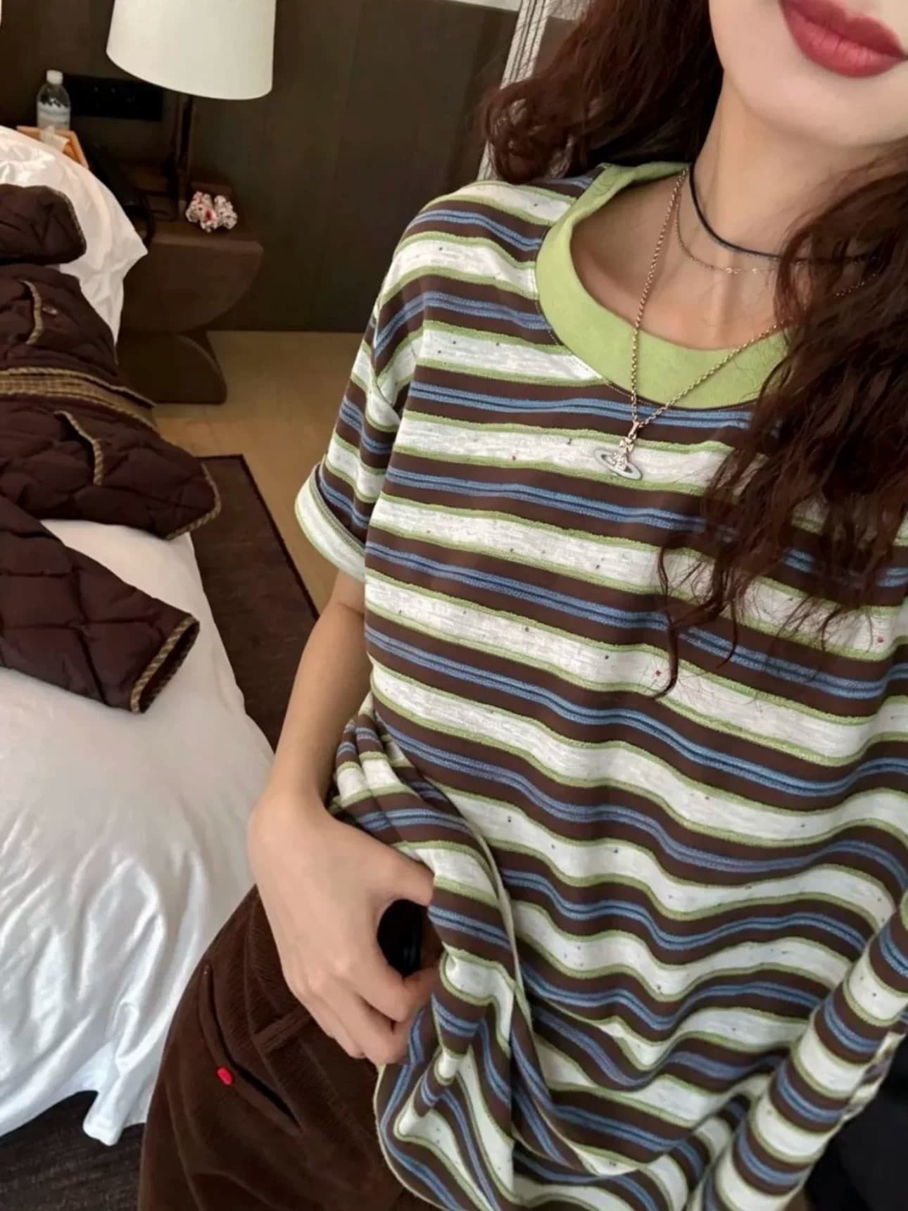한 부서 느긋한 스트라이프 배색 반팔 티셔츠 여성 여름 새로운 루즈핏 작은 대중 캐주얼 레트로 느슨함 센스 맨위 상세 이미지 5