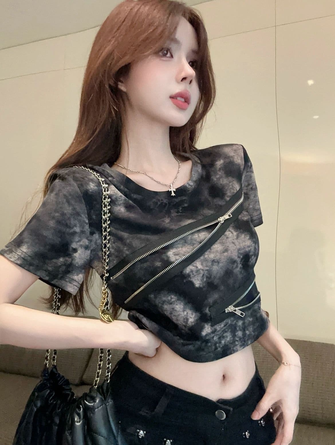 210 그램 40 좋은 면 당겨서 긍정적 인 어깨 반팔 티셔츠 여성 레트로 작은 대중 몸매 가꾸기 핫걸 작 은 흐름 헤일로 염료에 의류 여성 상세 이미지 3