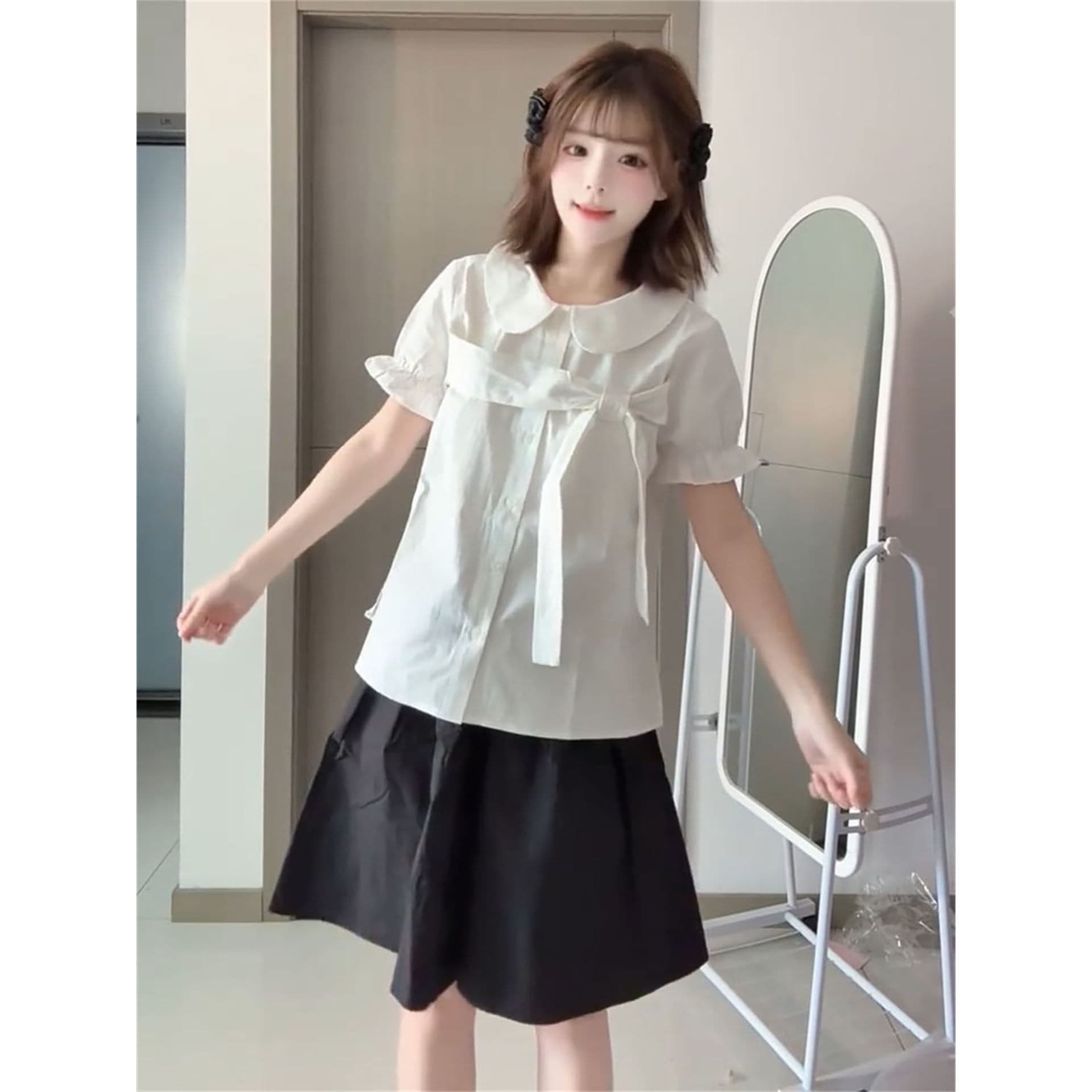 경관 그림 정가 프랑스식 부드러운 품격 바람 거품 소매 나비 매듭 여름 소녀 센스 화이트 베이비 칼라 셔츠 이미지 2