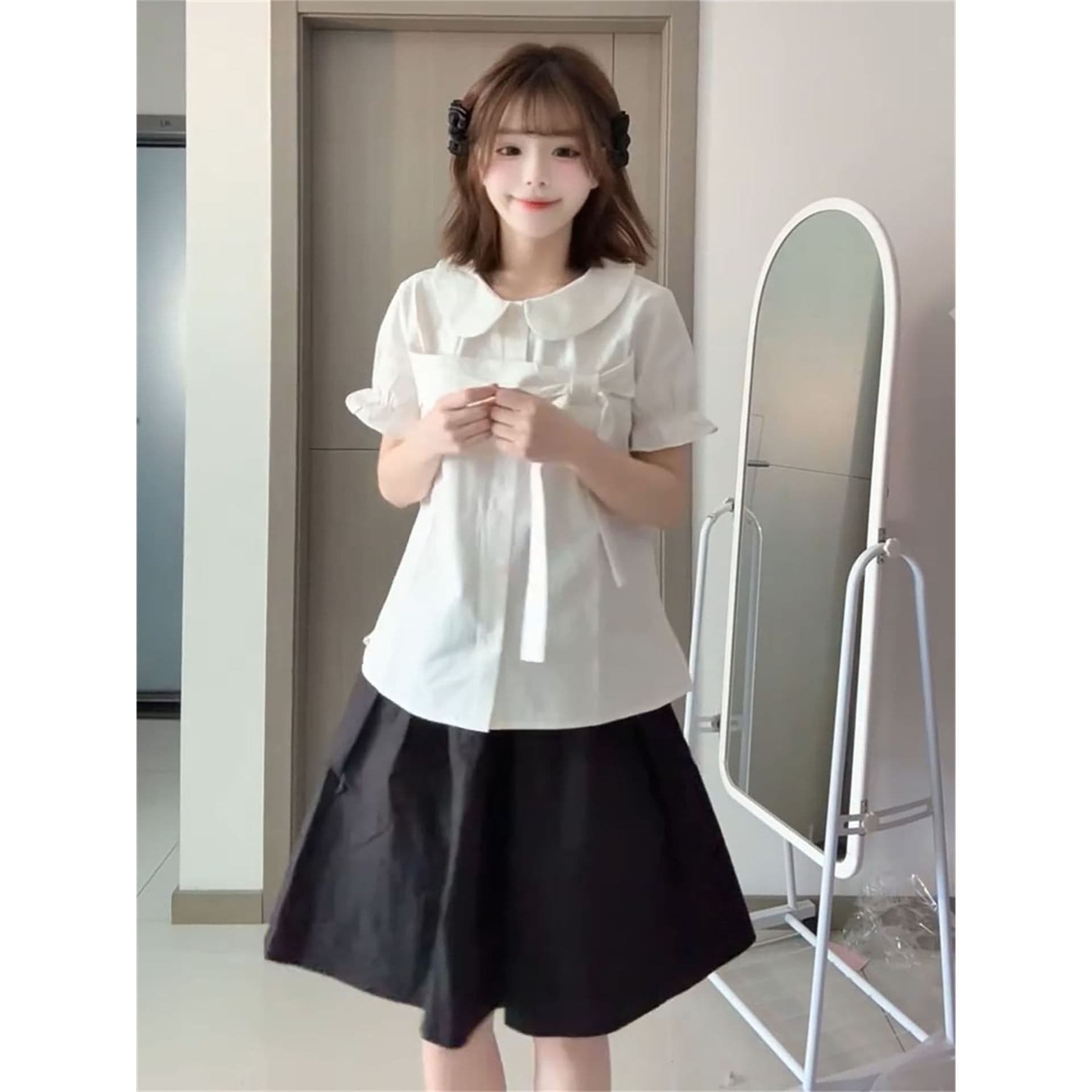 경관 그림 정가 프랑스식 부드러운 품격 바람 거품 소매 나비 매듭 여름 소녀 센스 화이트 베이비 칼라 셔츠 이미지 3
