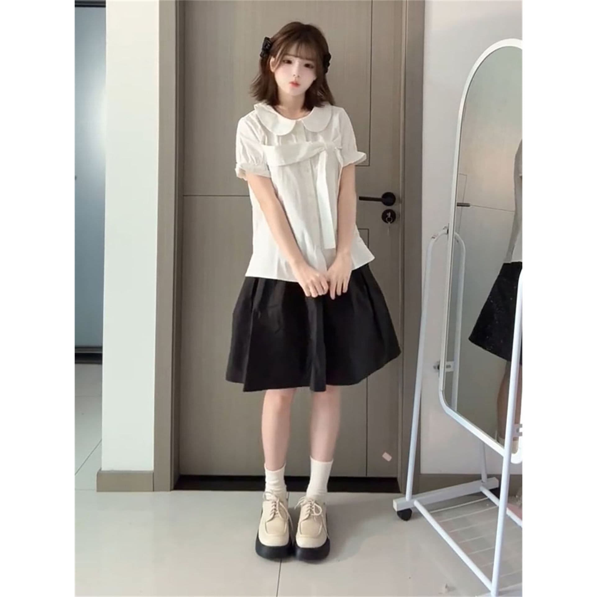 경관 그림 정가 프랑스식 부드러운 품격 바람 거품 소매 나비 매듭 여름 소녀 센스 화이트 베이비 칼라 셔츠 상세 이미지 3
