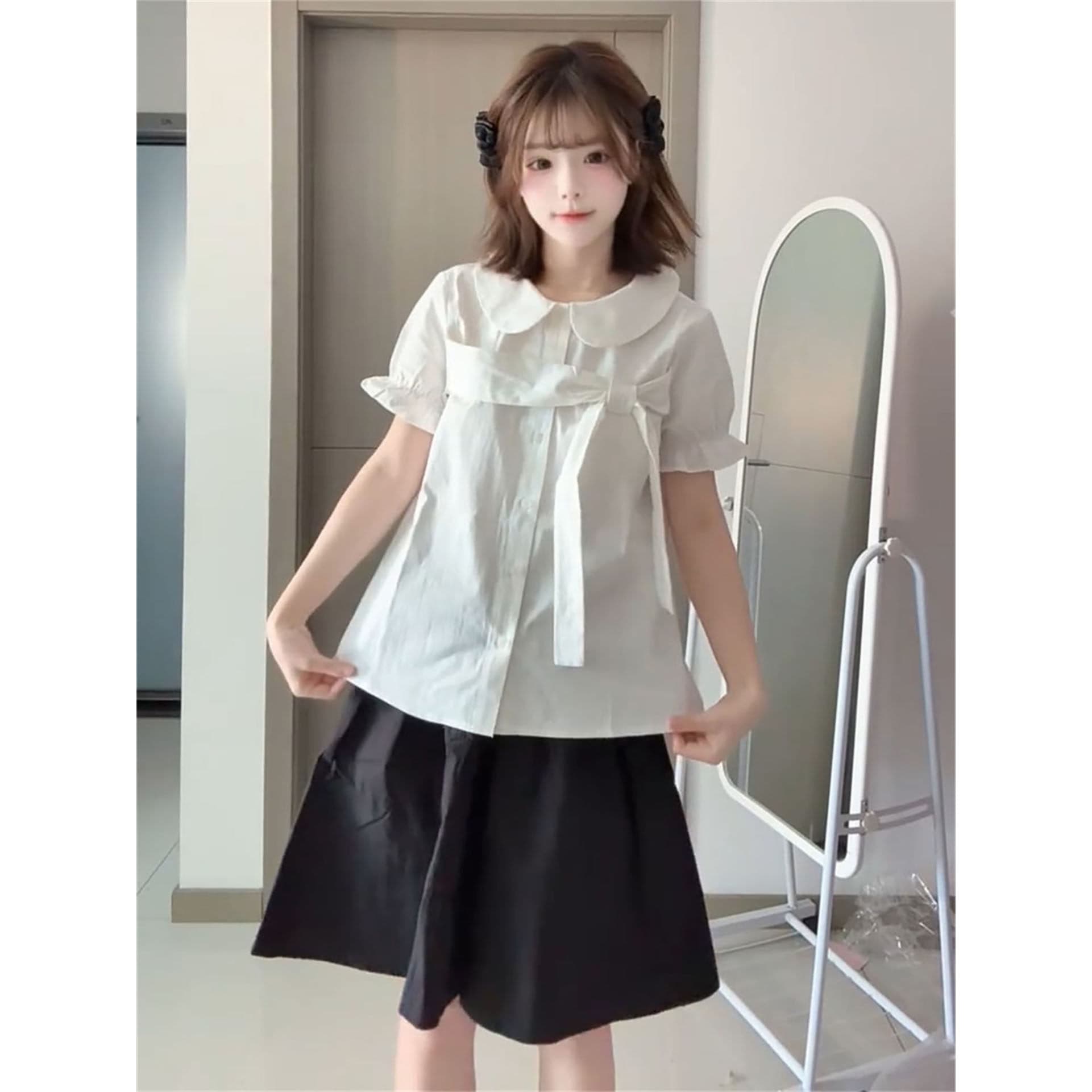 경관 그림 정가 프랑스식 부드러운 품격 바람 거품 소매 나비 매듭 여름 소녀 센스 화이트 베이비 칼라 셔츠 상세 이미지 4