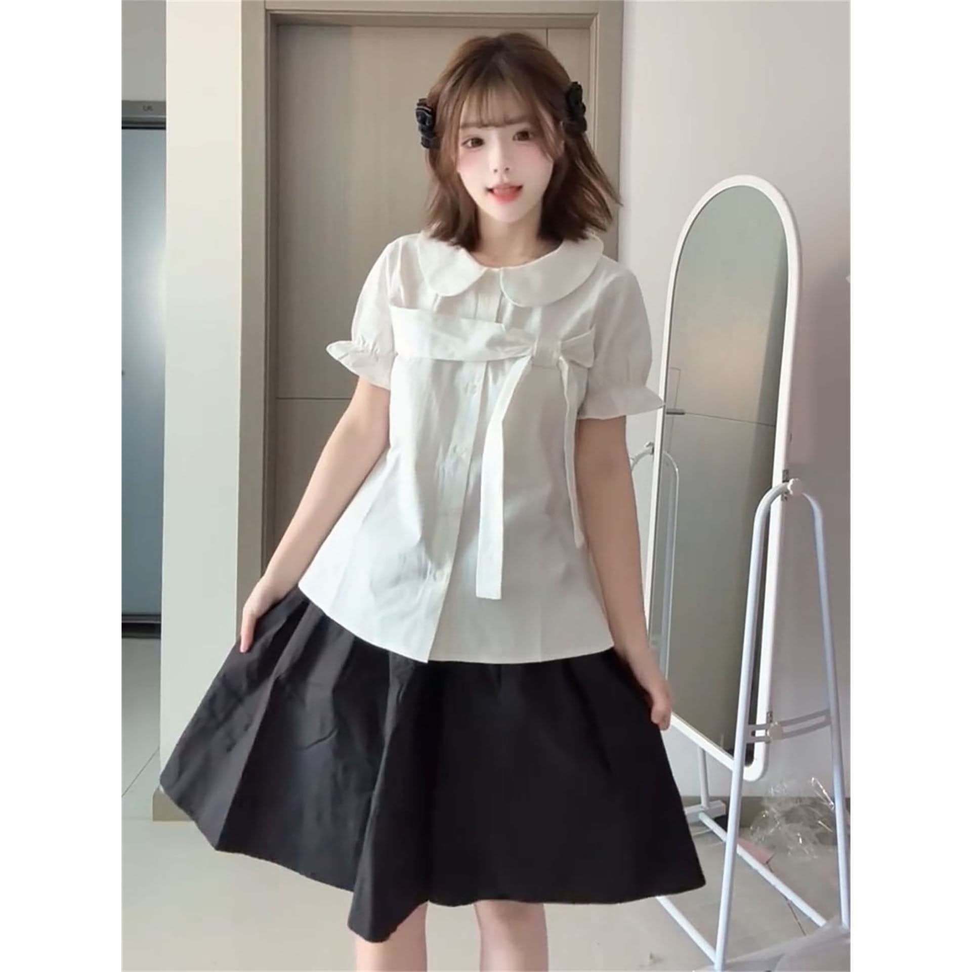 경관 그림 정가 프랑스식 부드러운 품격 바람 거품 소매 나비 매듭 여름 소녀 센스 화이트 베이비 칼라 셔츠 상세 이미지 5
