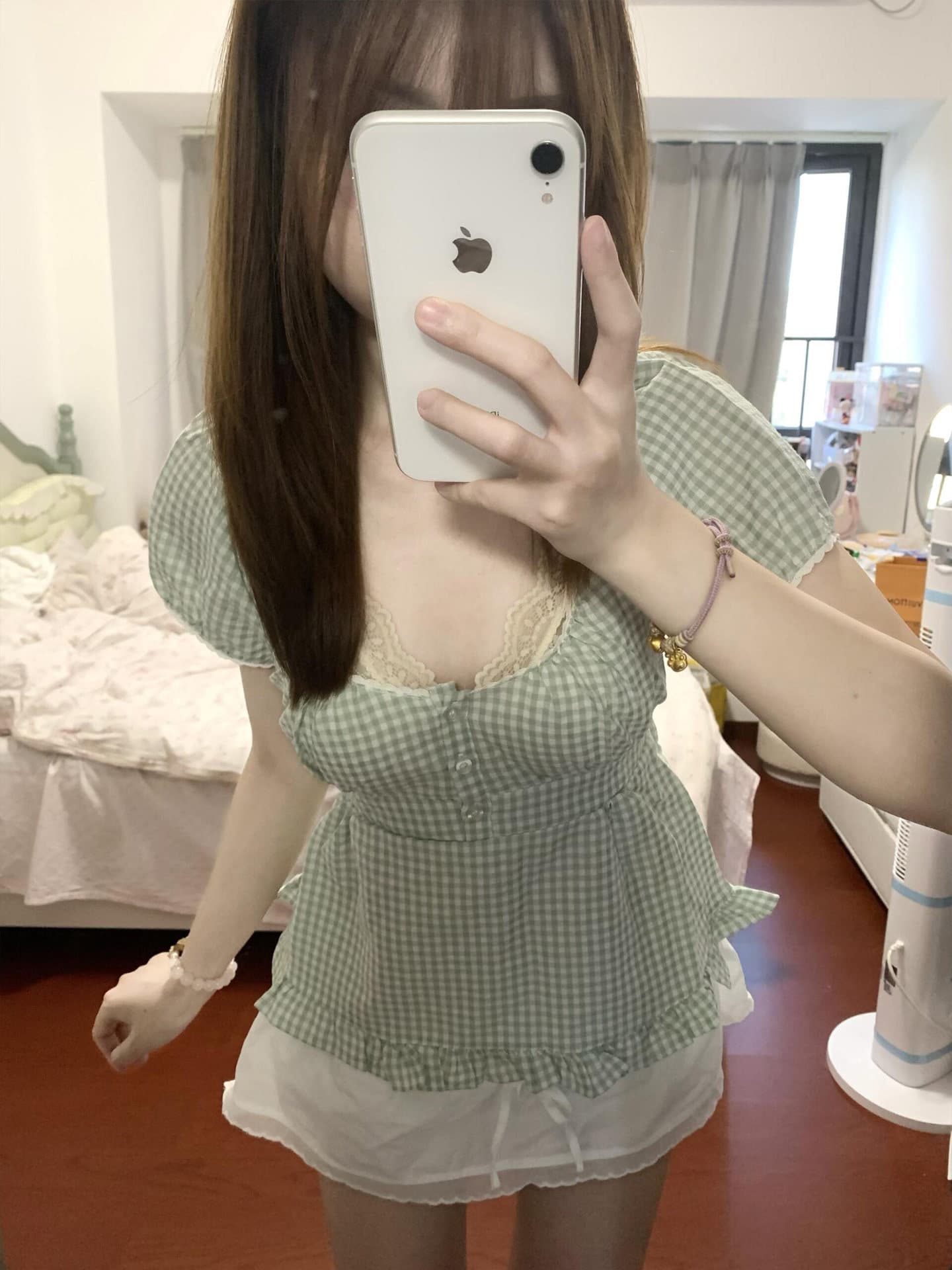 경관 그림 정가 프릴 광장 칼라 체크무늬 반팔 여름 고급 센스 작은 청신 레이스 허리 수축 쇼트 스타일 맨위 상세 이미지 5