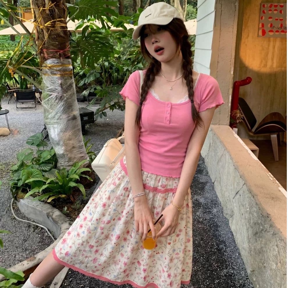 원본 것 원본 원단 주간 고양이 흔들어서 톤 품질 프릴 여성 티셔츠 한 부서 패치워크 꽃무늬 반신 스커트