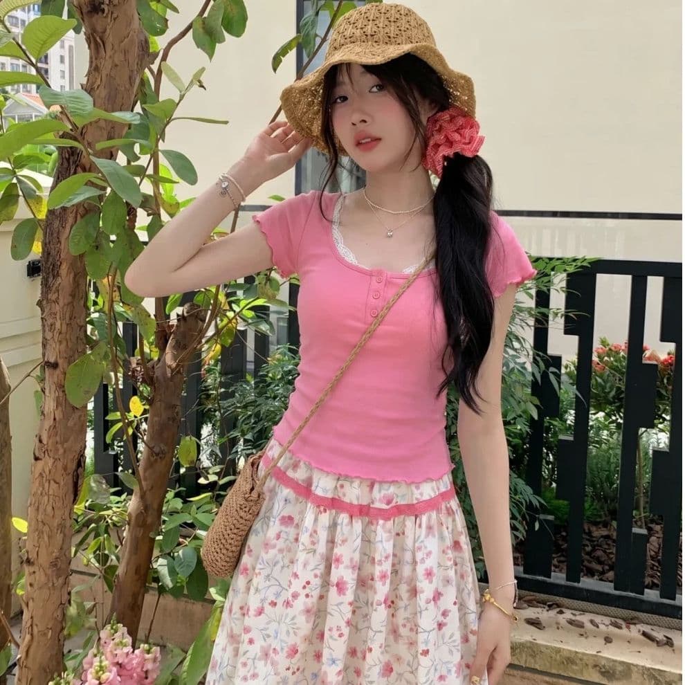 원본 것 원본 원단 주간 고양이 흔들어서 톤 품질 프릴 여성 티셔츠 한 부서 패치워크 꽃무늬 반신 스커트 이미지 3