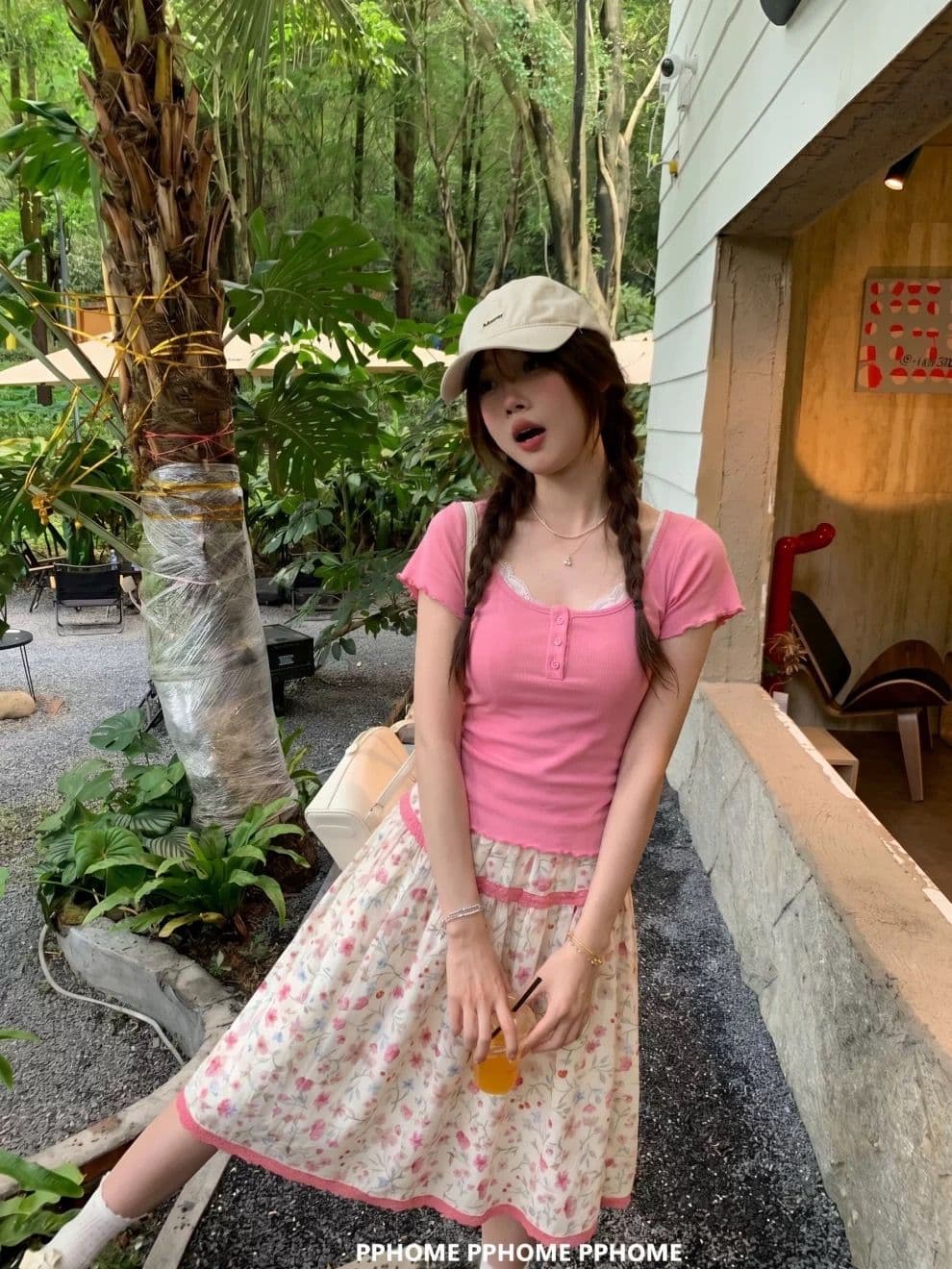 원본 것 원본 원단 주간 고양이 흔들어서 톤 품질 프릴 여성 티셔츠 한 부서 패치워크 꽃무늬 반신 스커트 상세 이미지 2