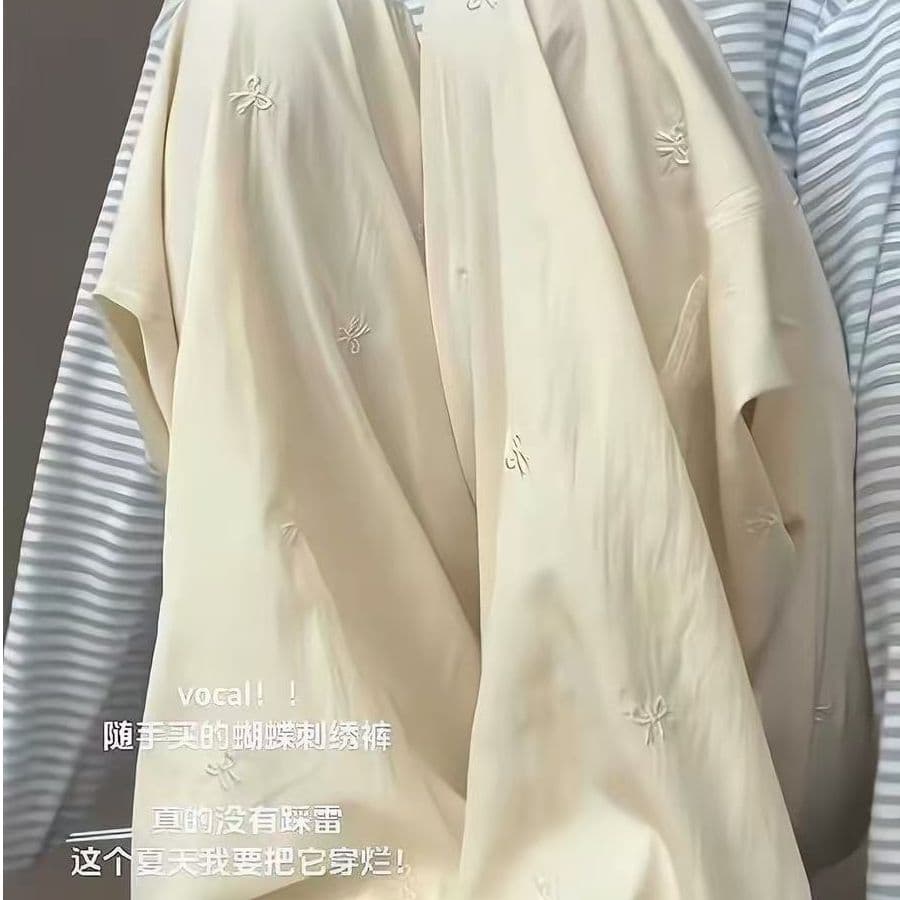 원본 원단 주간 고양이 흔들어서 톤 품질 자수 나비 매듭 여성 봄 여름 허리밴드 캐주얼 얼음 실크 와이드 레그 팬츠 이미지 4