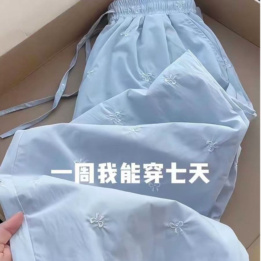 원본 원단 주간 고양이 흔들어서 톤 품질 자수 나비 매듭 여성 봄 여름 허리밴드 캐주얼 얼음 실크 와이드 레그 팬츠 이미지 5