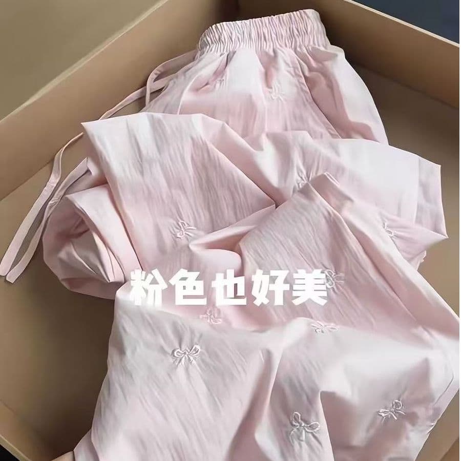 원본 원단 주간 고양이 흔들어서 톤 품질 자수 나비 매듭 여성 봄 여름 허리밴드 캐주얼 얼음 실크 와이드 레그 팬츠 이미지 2