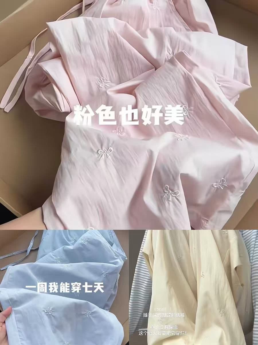 원본 원단 주간 고양이 흔들어서 톤 품질 자수 나비 매듭 여성 봄 여름 허리밴드 캐주얼 얼음 실크 와이드 레그 팬츠 상세 이미지 2