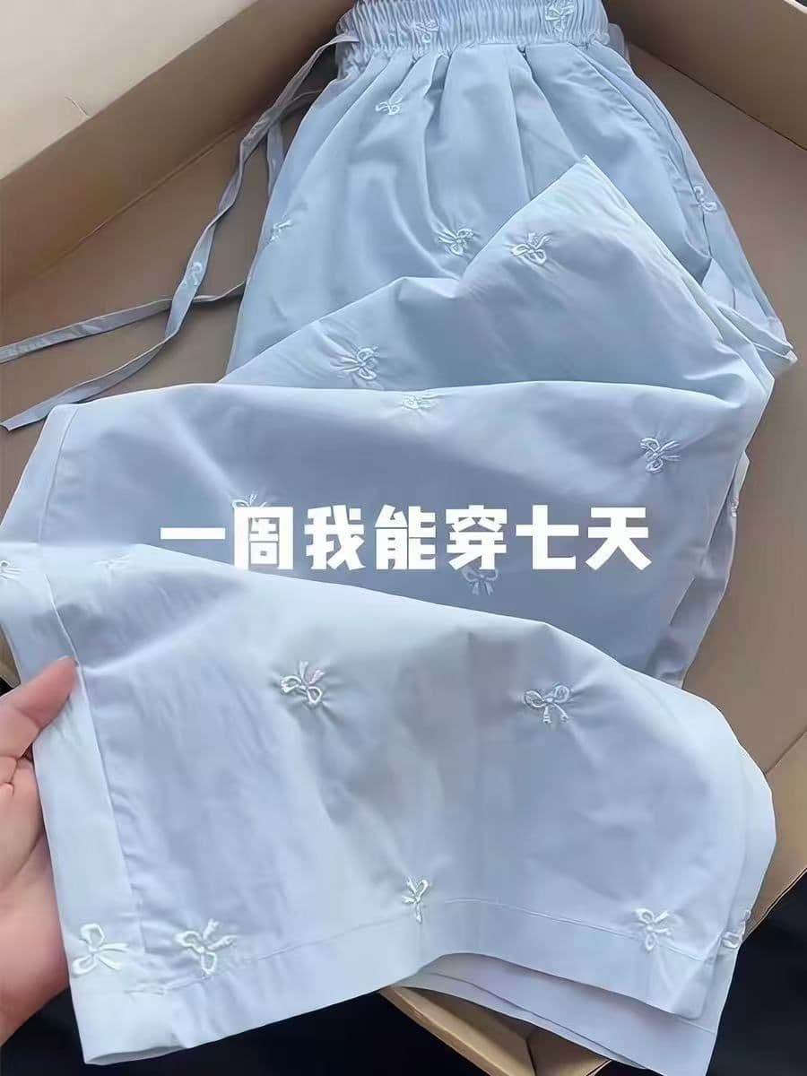 원본 원단 주간 고양이 흔들어서 톤 품질 자수 나비 매듭 여성 봄 여름 허리밴드 캐주얼 얼음 실크 와이드 레그 팬츠 상세 이미지 3