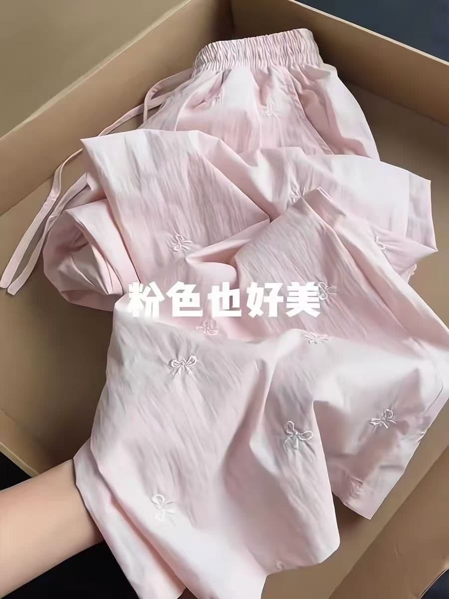 원본 원단 주간 고양이 흔들어서 톤 품질 자수 나비 매듭 여성 봄 여름 허리밴드 캐주얼 얼음 실크 와이드 레그 팬츠 상세 이미지 4