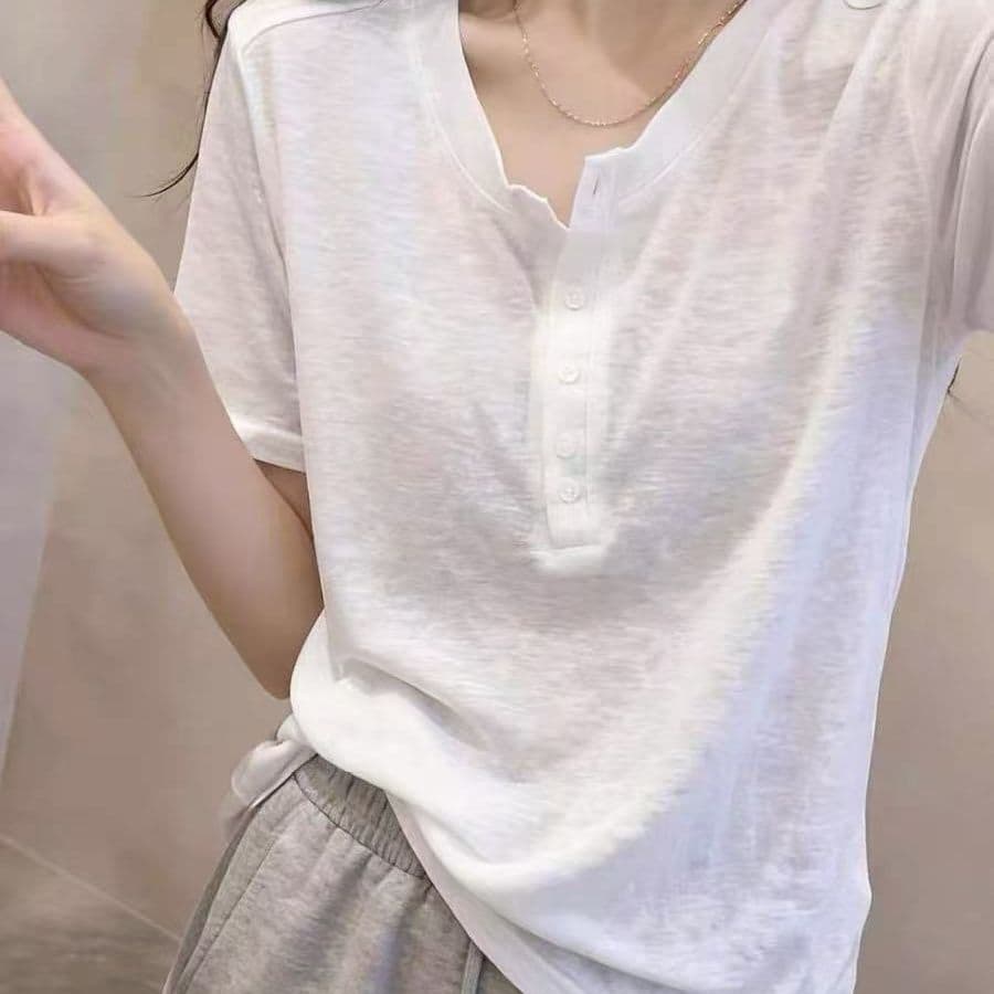 눈꽃 면 주간 고양이 흔들어서 톤 품질 캐주얼 화이트 반팔 티셔츠 여성 여름 단추 다용도 연령 감소 슈퍼 화재로 의류 이미지 5