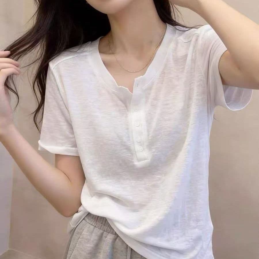눈꽃 면 주간 고양이 흔들어서 톤 품질 캐주얼 화이트 반팔 티셔츠 여성 여름 단추 다용도 연령 감소 슈퍼 화재로 의류 이미지 4