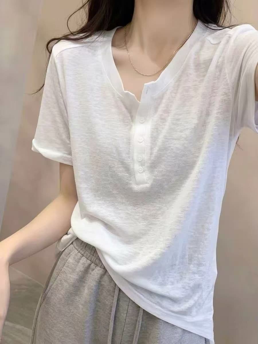 눈꽃 면 주간 고양이 흔들어서 톤 품질 캐주얼 화이트 반팔 티셔츠 여성 여름 단추 다용도 연령 감소 슈퍼 화재로 의류 상세 이미지 2
