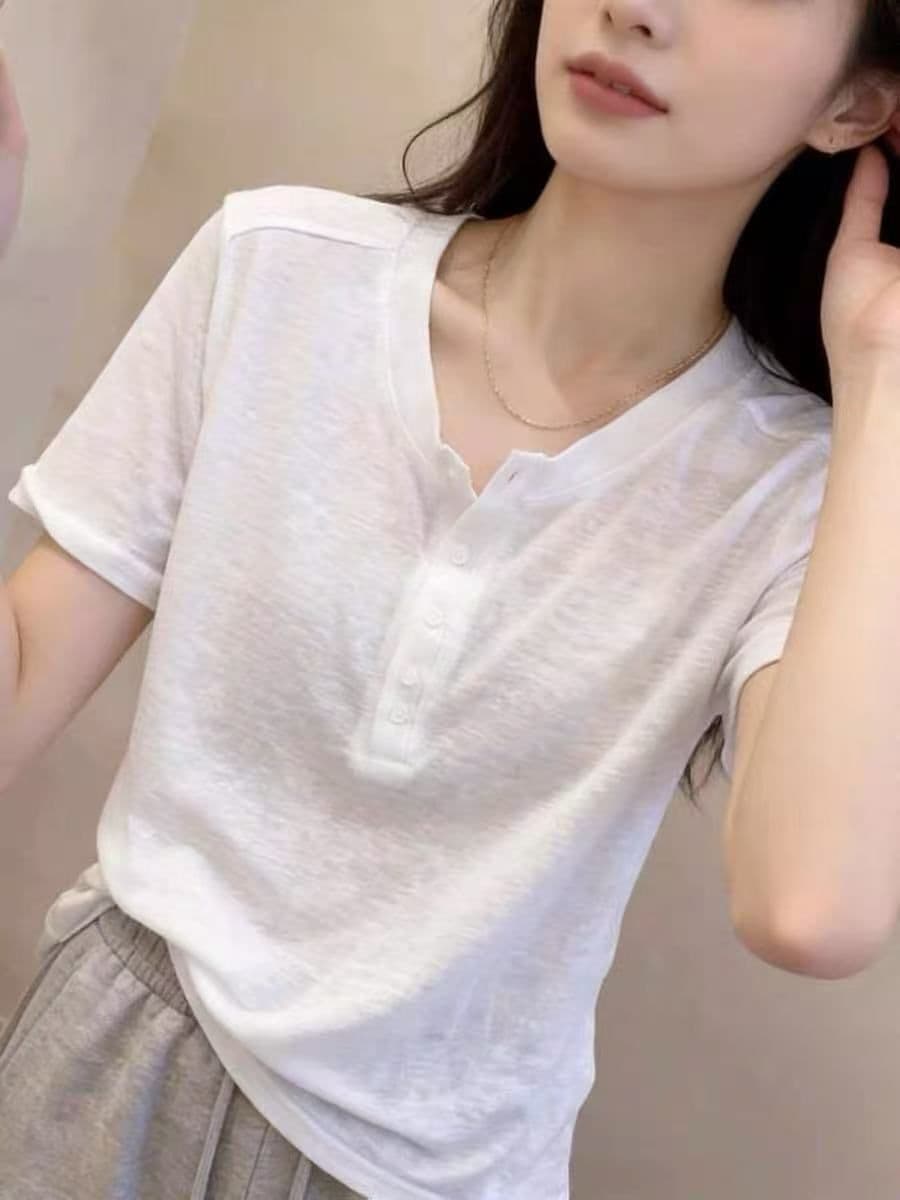 눈꽃 면 주간 고양이 흔들어서 톤 품질 캐주얼 화이트 반팔 티셔츠 여성 여름 단추 다용도 연령 감소 슈퍼 화재로 의류 상세 이미지 6