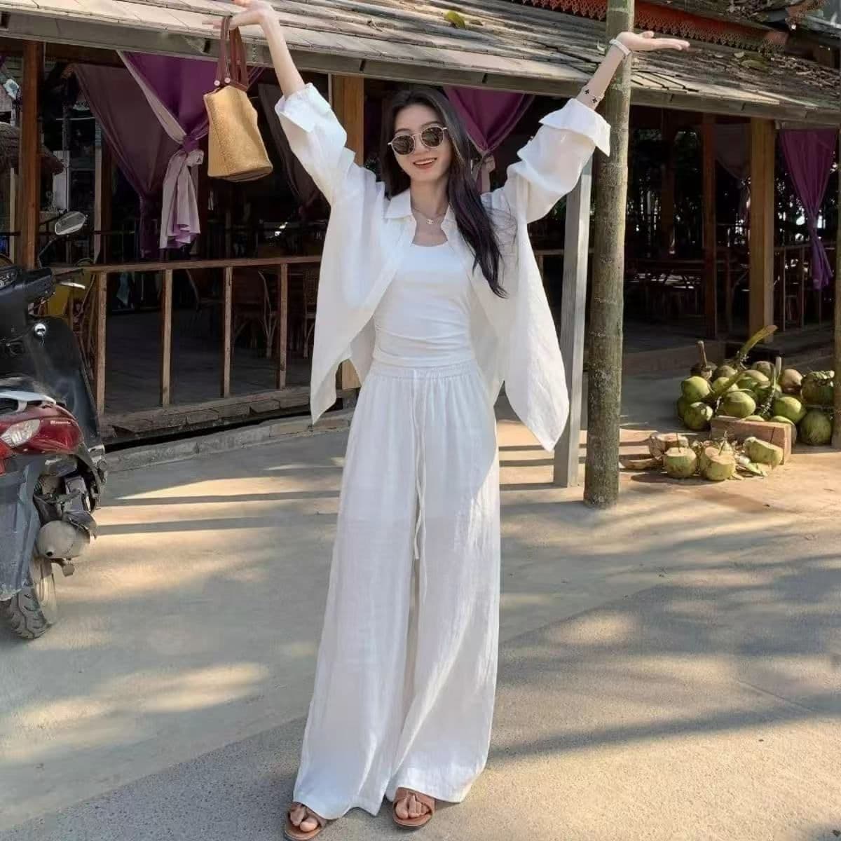 아마 화이트 셔츠 세트 여성 여름 새로운 루즈핏 느긋한 바람 면 린넨 셔츠 와이드 레그 팬츠 투피스 세트 상세 이미지 8