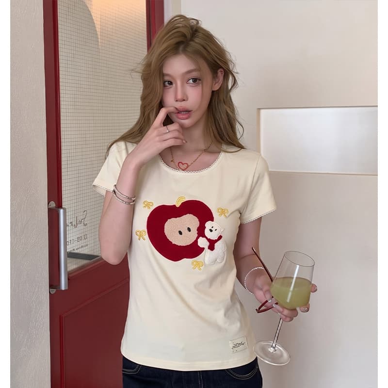와 사고 방식 한 부서 반팔 티셔츠 여성 여름 애플 자수 몸매 가꾸기 슬림해 보이는 레이스 패치워크 핫걸 맨위 상세 이미지 4