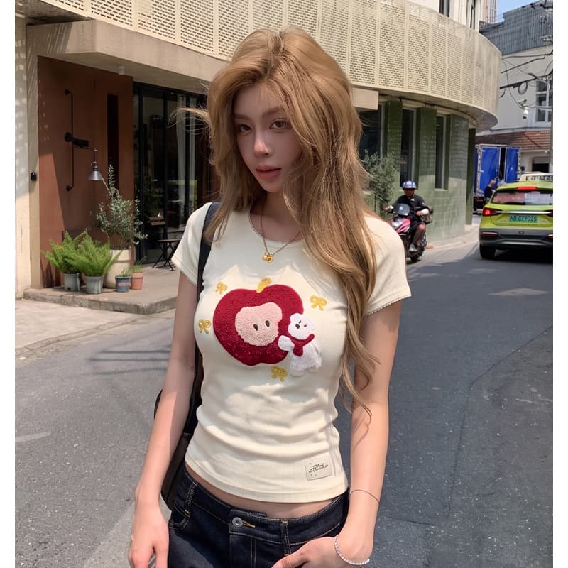 와 사고 방식 한 부서 반팔 티셔츠 여성 여름 애플 자수 몸매 가꾸기 슬림해 보이는 레이스 패치워크 핫걸 맨위 상세 이미지 5
