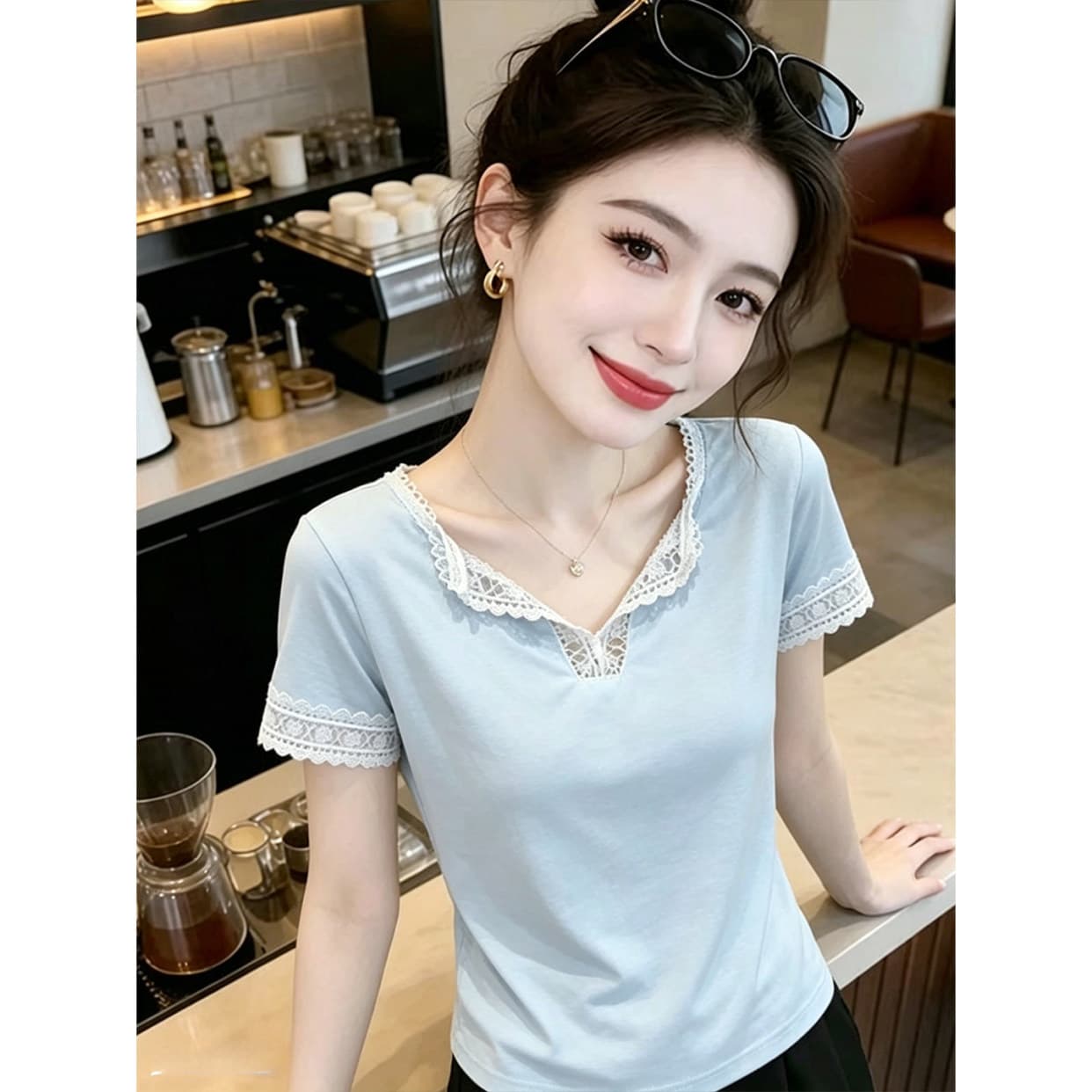 40s 모방 면 리브 한 부서 파란색 레이스 V넥 반팔 티셔츠 여성 여름 레이스 조각 레이스 티셔츠 다용도