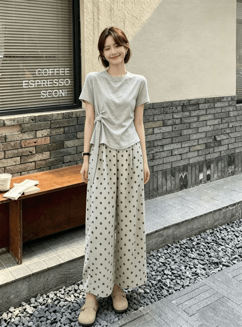 차가운 실크 차가운 면 2026 여름 새로운 한 부서 패션 회색 맨위 도트 무늬 캐주얼 바지 투피스 세트 세트 상세 이미지 2