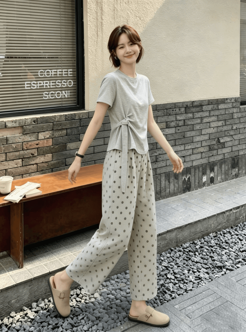 차가운 실크 차가운 면 2026 여름 새로운 한 부서 패션 회색 맨위 도트 무늬 캐주얼 바지 투피스 세트 세트 상세 이미지 4